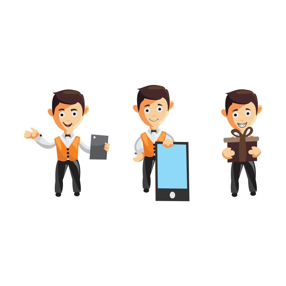 Set of cartoons of cute waiter in different poses vector