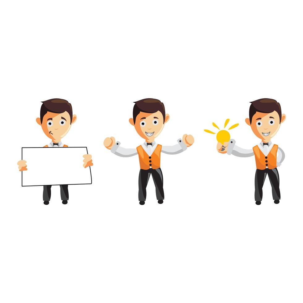 Set of cartoons of cute waiter in different poses vector