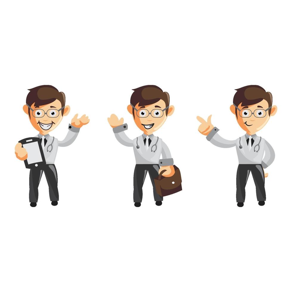 Set of cute cartoon male doctor in various poses vector