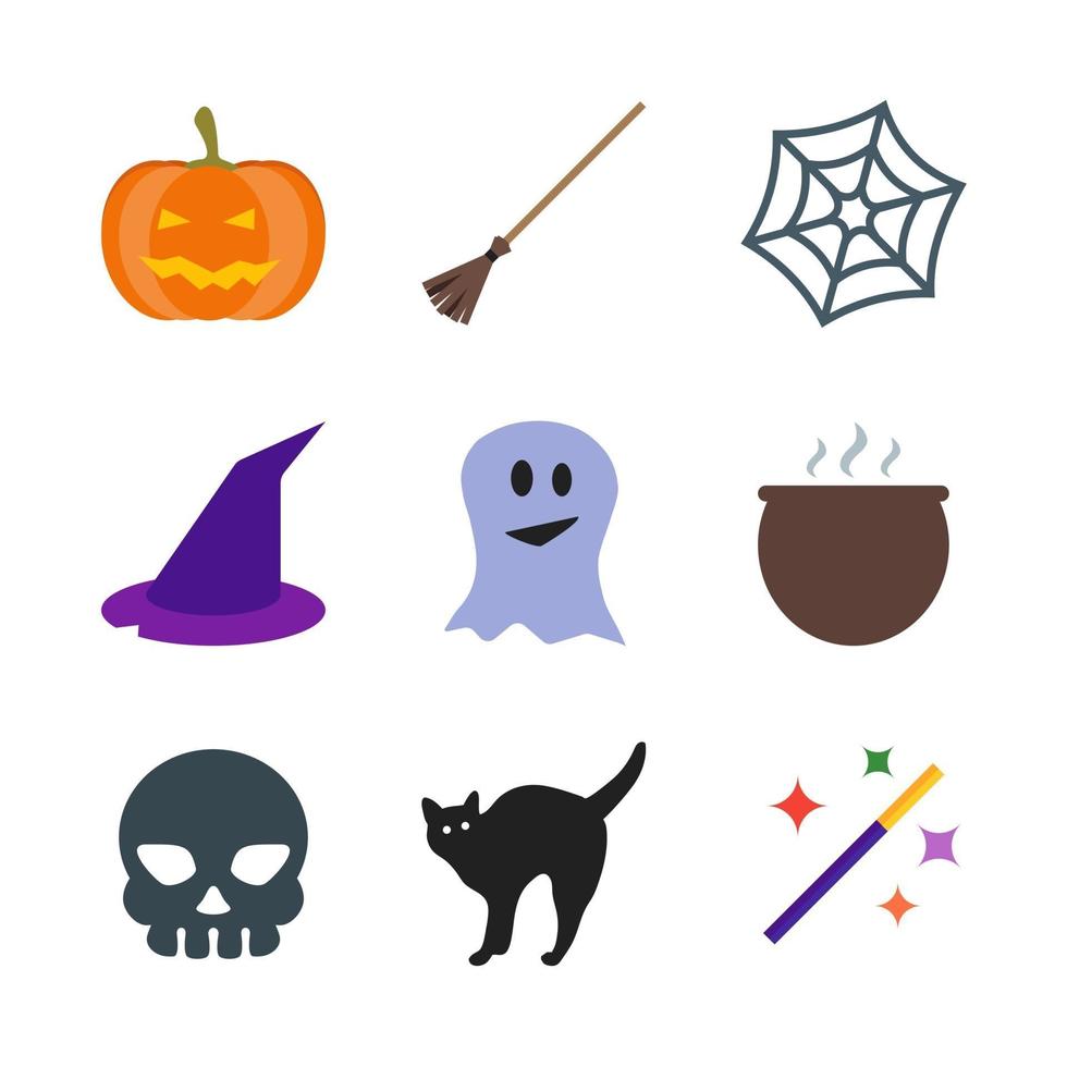 conjunto de iconos de halloween. Incluye telaraña de escoba de calabaza, capucha, fantasma, olla, calavera, gato y varita mágica. vector