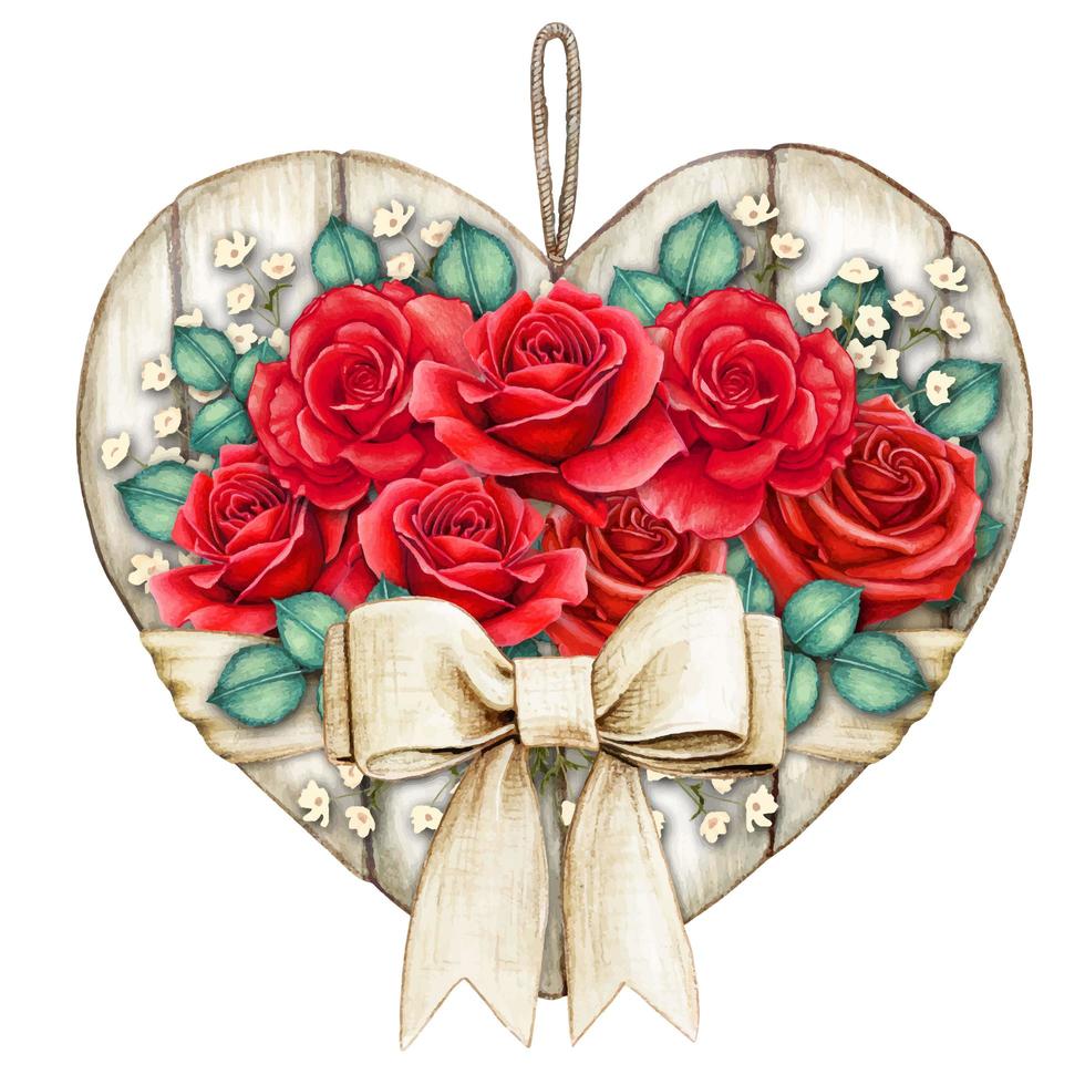 Watercolor shabby chic rustic white wooden heart tag with red roses vector