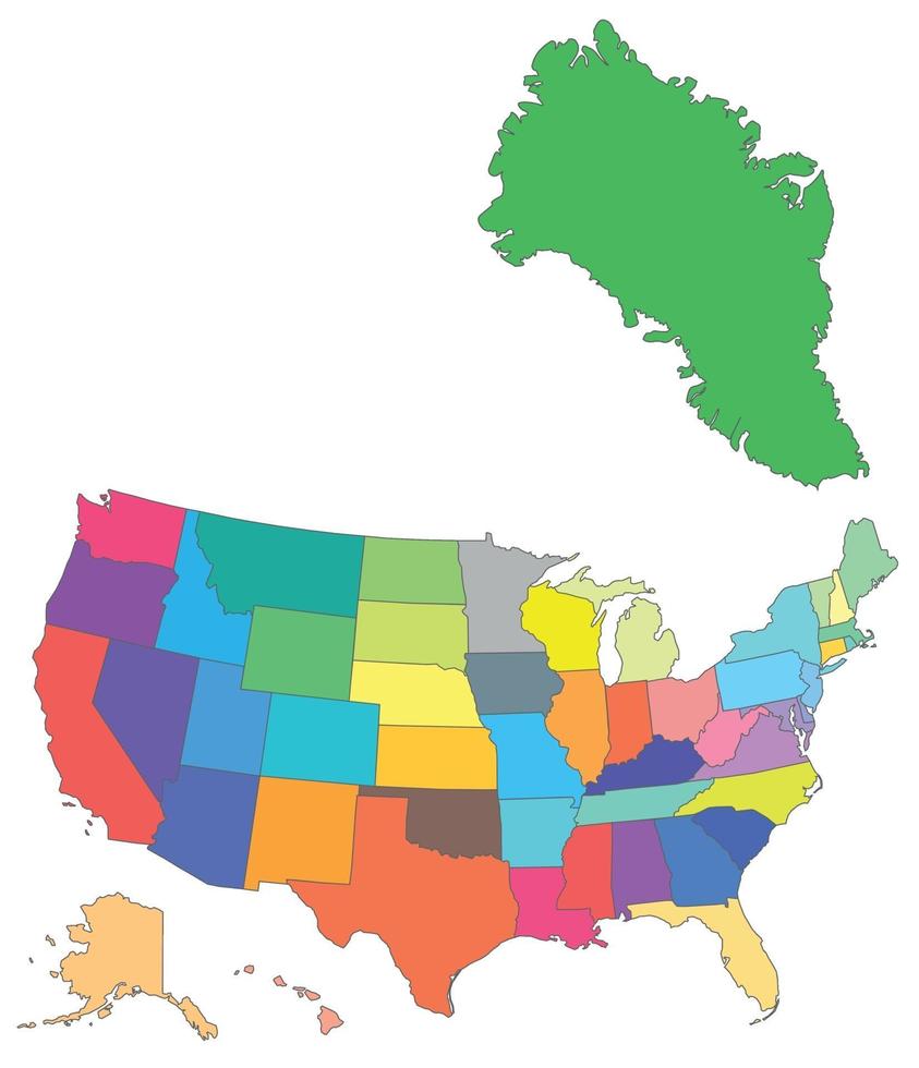 Color mapa vectorial de Estados Unidos con todos los estados y Groenlandia vector