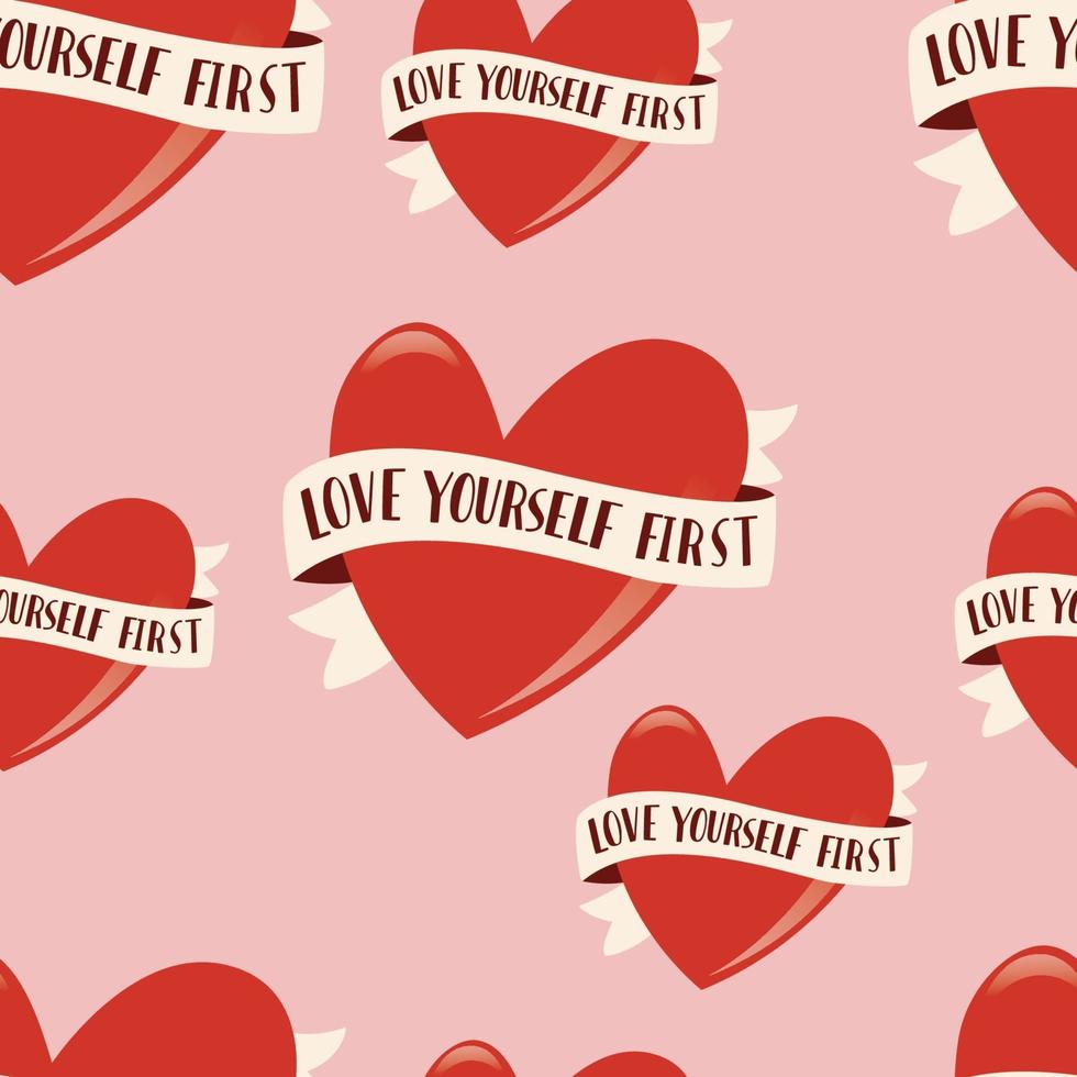 Seamless pattern with heart symbol and ribbon for Happy Valentines day. Colorful flat illustration. Love yourself first. vector