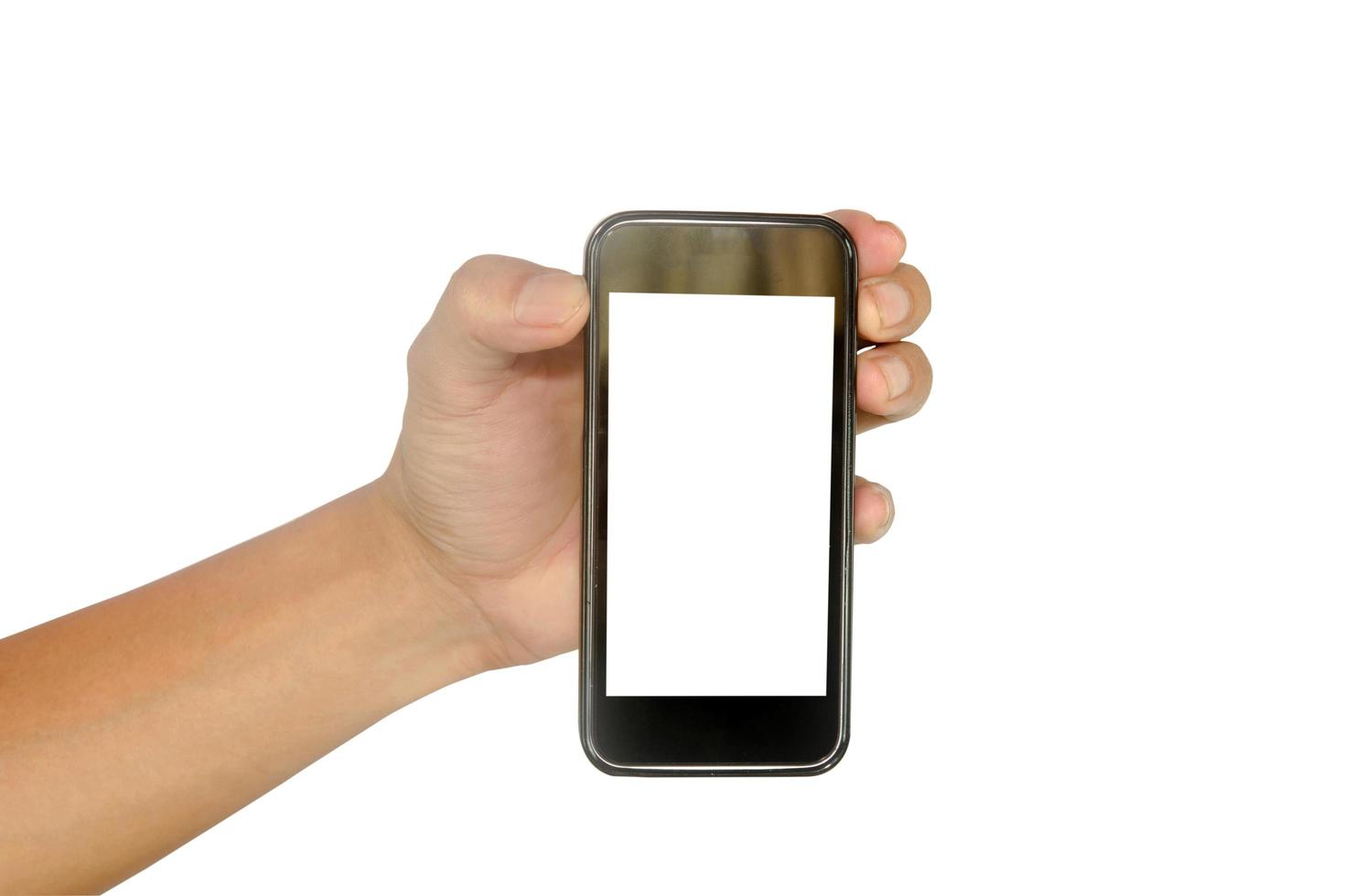 Hand holding smart phone on white background photo