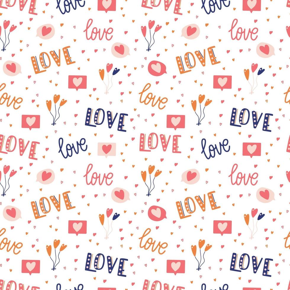 Seamless pattern with big collection of love objects and symbols for Happy Valentines day. Colorful flat illustration. vector