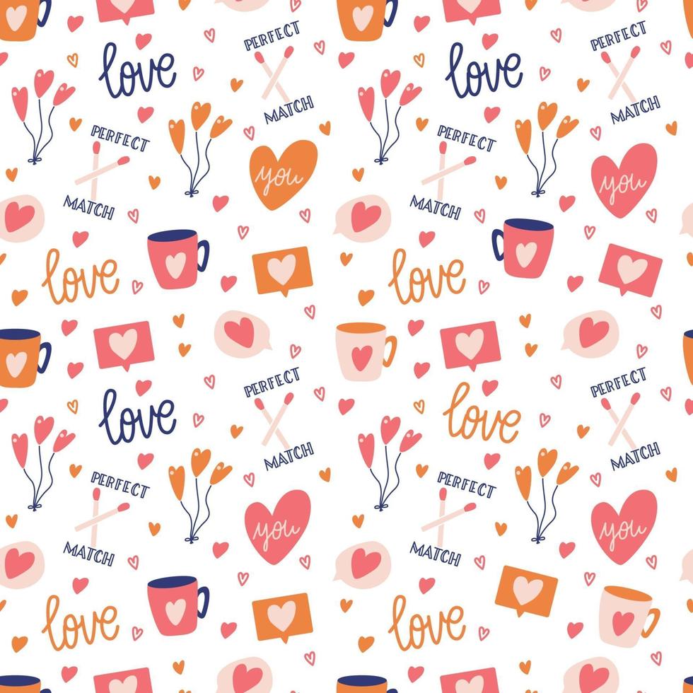 Seamless pattern with big collection of love objects and symbols for Happy Valentines day. Colorful flat illustration. vector