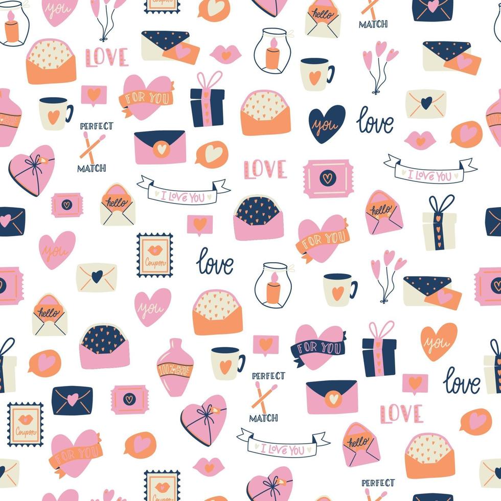 Seamless pattern with big collection of love objects and symbols for Happy Valentines day. Colorful flat illustration. vector