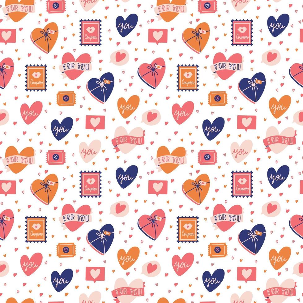 Seamless pattern with big collection of love objects and symbols for Happy Valentines day. Colorful flat illustration. vector