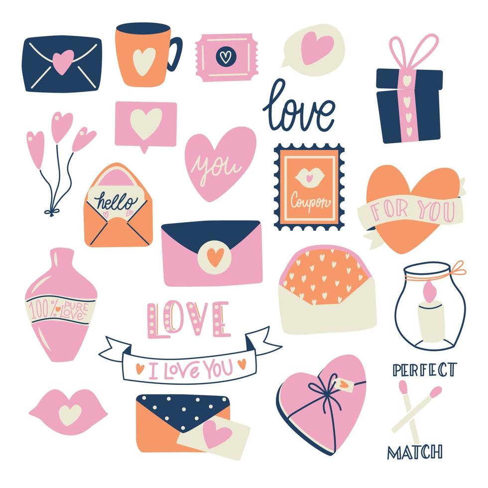 Big collection of love objects and symbols for Happy Valentines day. Colorful flat illustration. vector