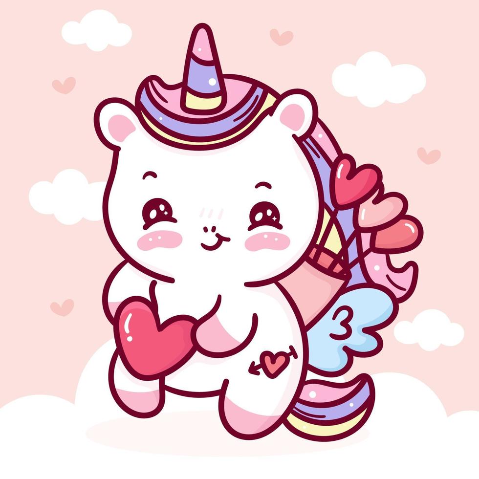 Cute Unicorn pegasus cartoon cupid for kawaii valentine day vector