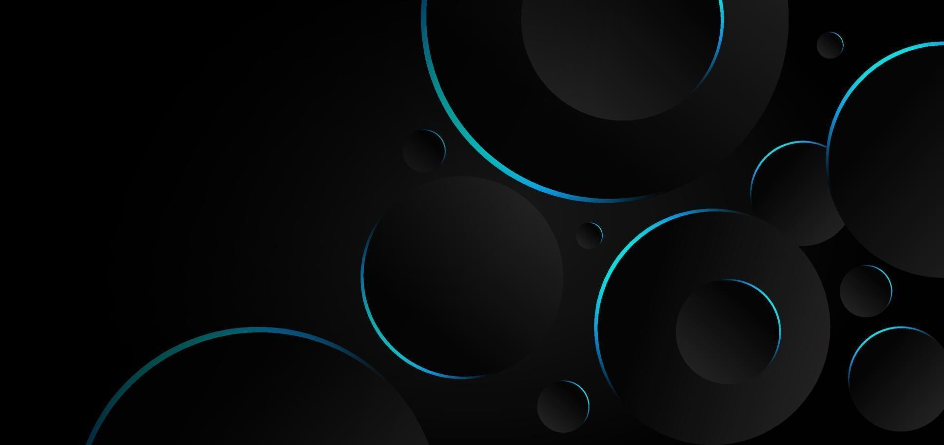 Abstract black and gray circles overlapping background blue neon border. vector