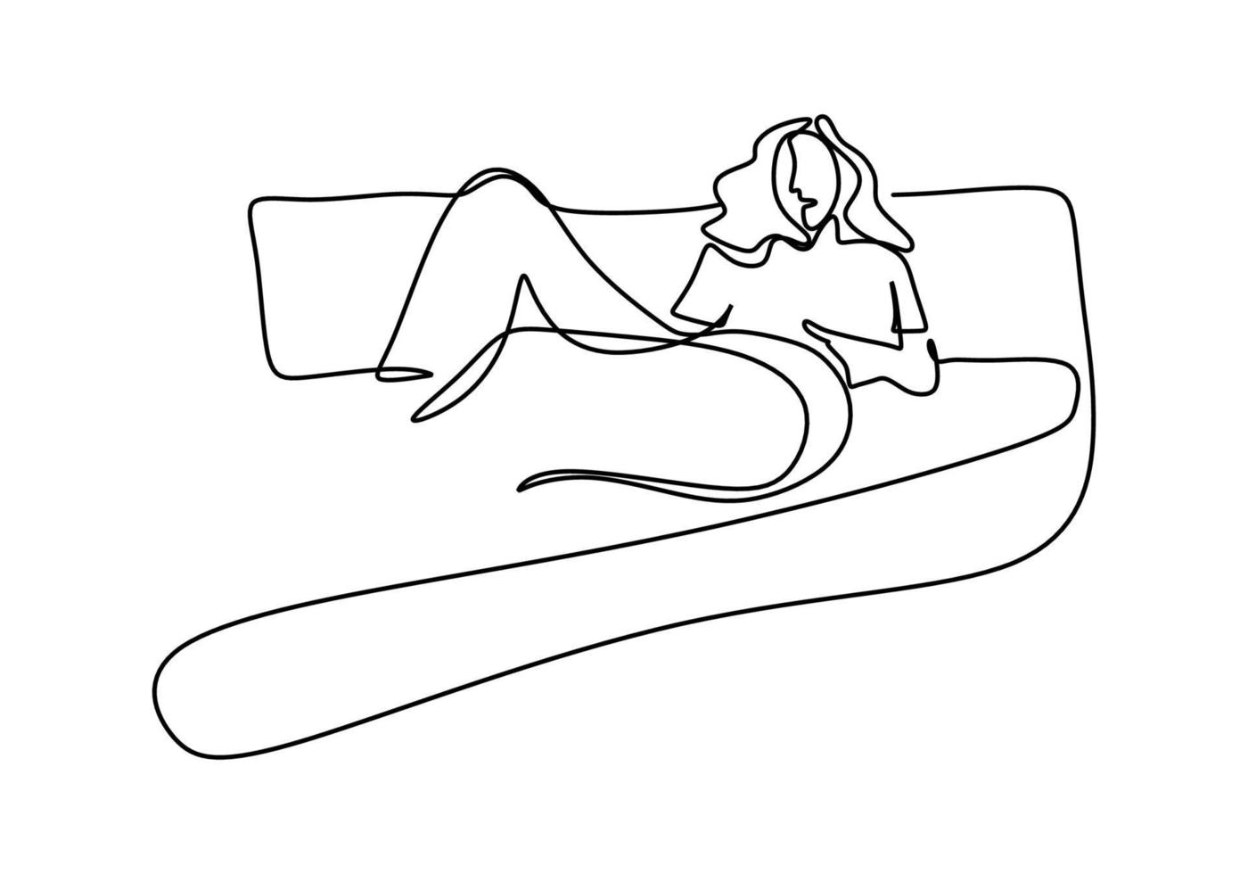 Continuous one art line drawing sketch of sleeping woman. Hand drawn design of female having a sleep in coach after daily activity isolated on white background. vector