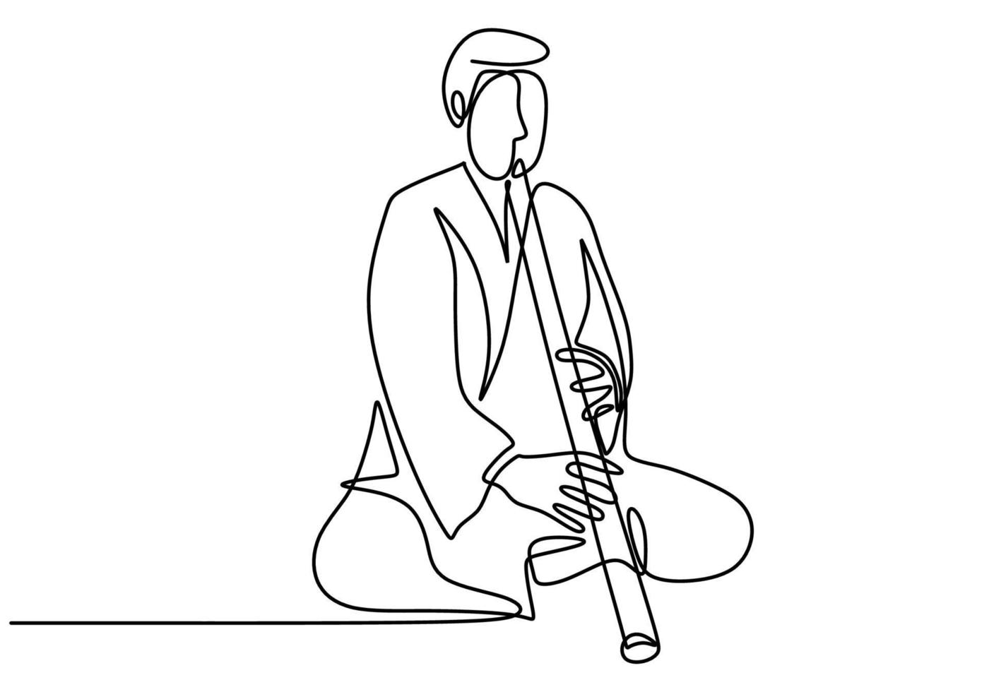 One continuous single line drawing of a man with Shakuhachi flute, traditional music of Japan. vector