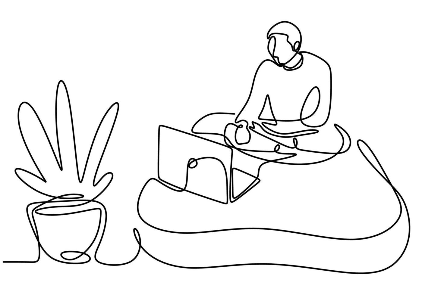 One continuous line drawing of a girl sitting on her sofa. vector