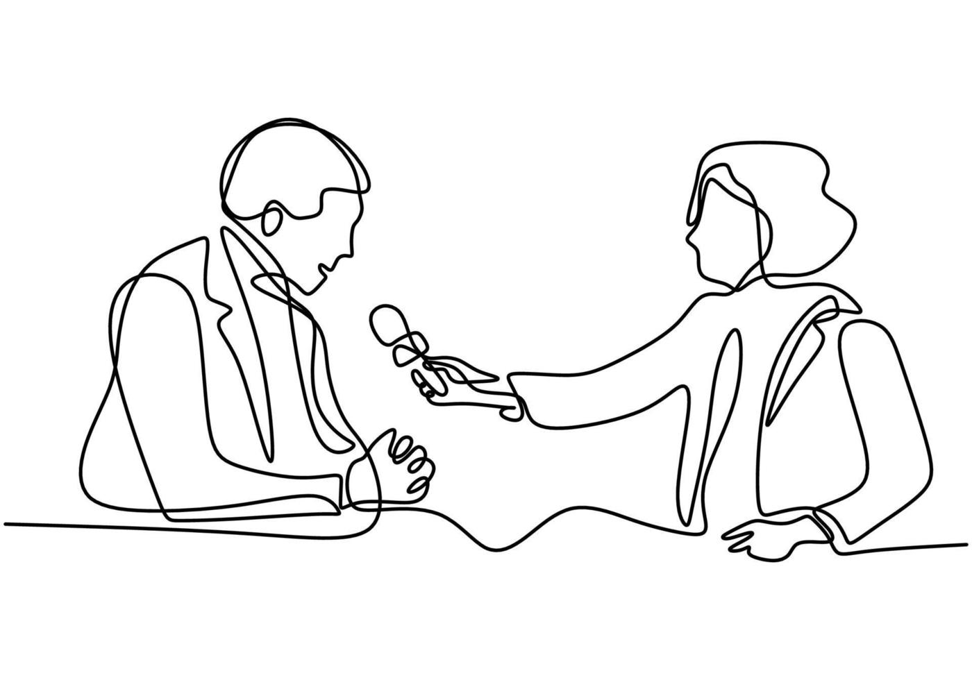 Continuous one single line drawing of reporter female journalist. A professional women journalist interviewing a businessman. vector