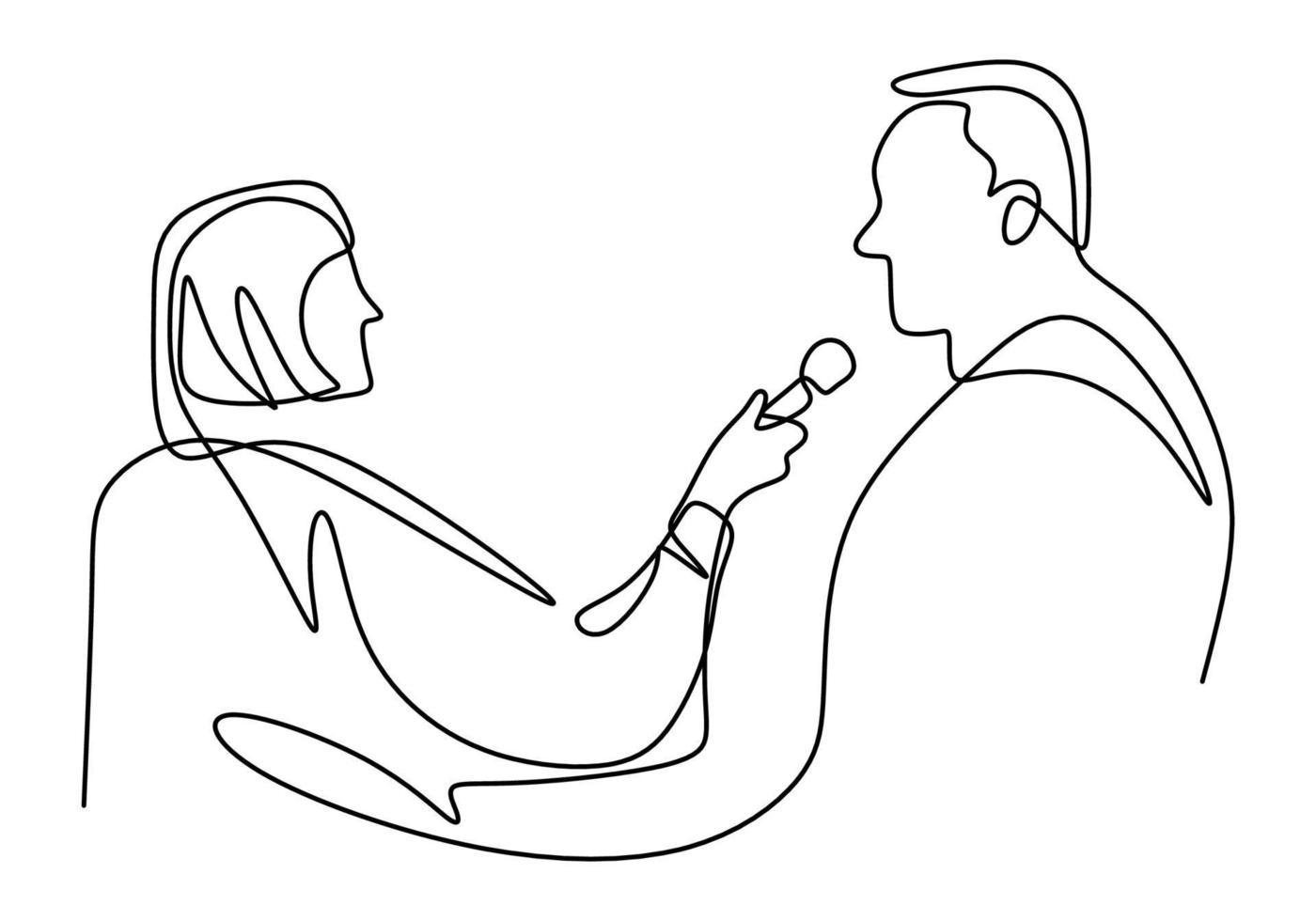 Continuous one single line drawing of reporter female journalist. A professional women journalist interviewing a businessman. vector