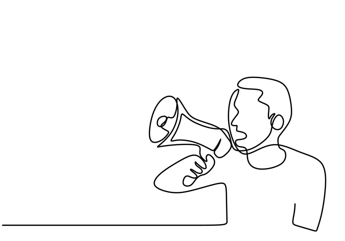 Continuous one line drawn a man talking into a loudspeaker. A male spoke excitedly while holding the megaphone. The concept of announcement, warning, oratory, eloquence, loud statement, publicity vector