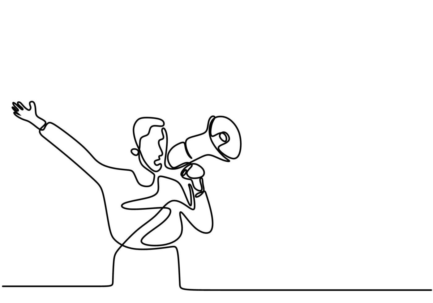 Continuous one line drawn a man talking into a loudspeaker. A male spoke excitedly while holding the megaphone. The concept of announcement, warning, oratory, eloquence, loud statement, publicity vector