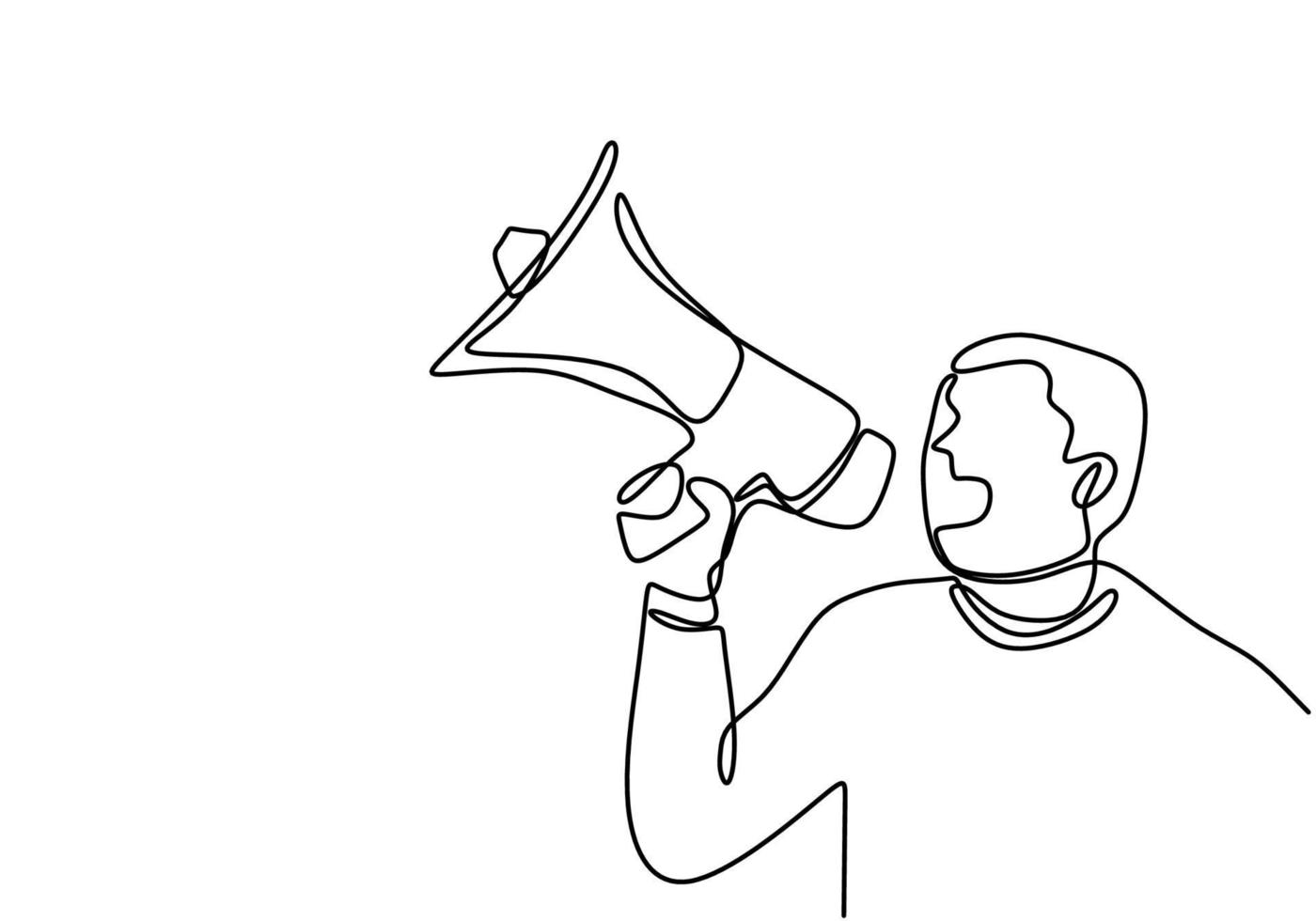 Continuous one line drawn a man talking into a loudspeaker. A male spoke excitedly while holding the megaphone. The concept of announcement, warning, oratory, eloquence, loud statement, publicity vector