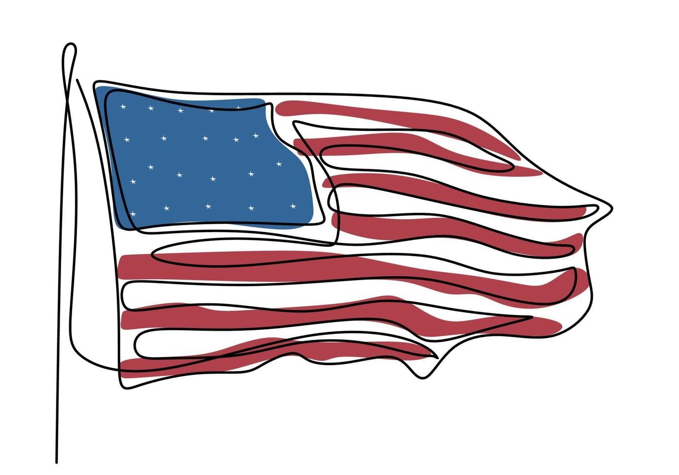 American flag one continuous single line drawing isolated on white background minimalist design. United State of America flag is tattered by wind. National day concept. vector