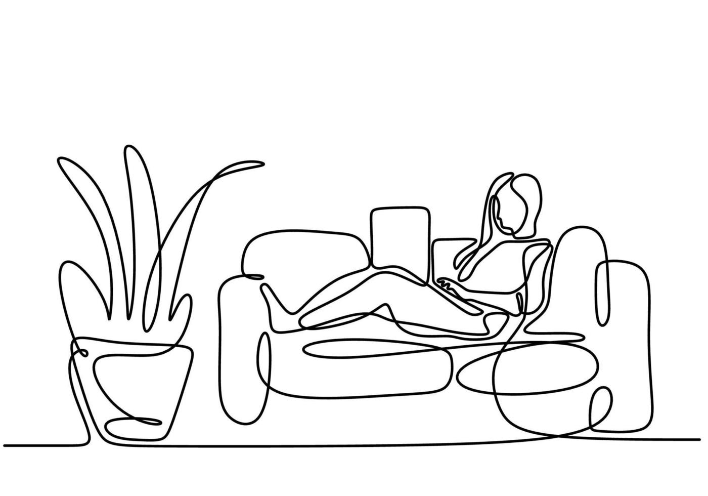 One continuous line drawing of a girl sitting on her sofa. vector