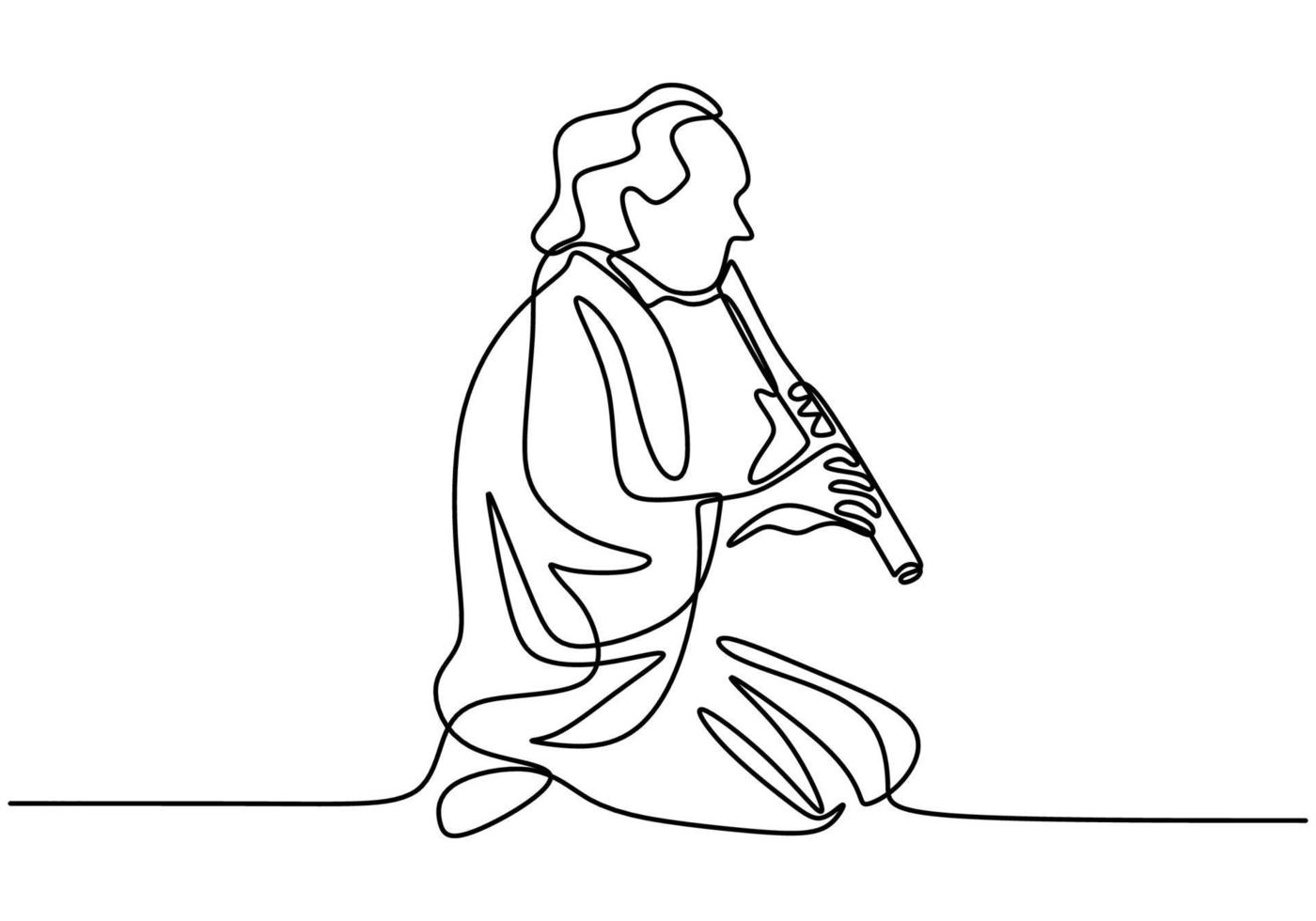 un dibujo continuo de una sola línea de un hombre con flauta shakuhachi, música tradicional de Japón. vector