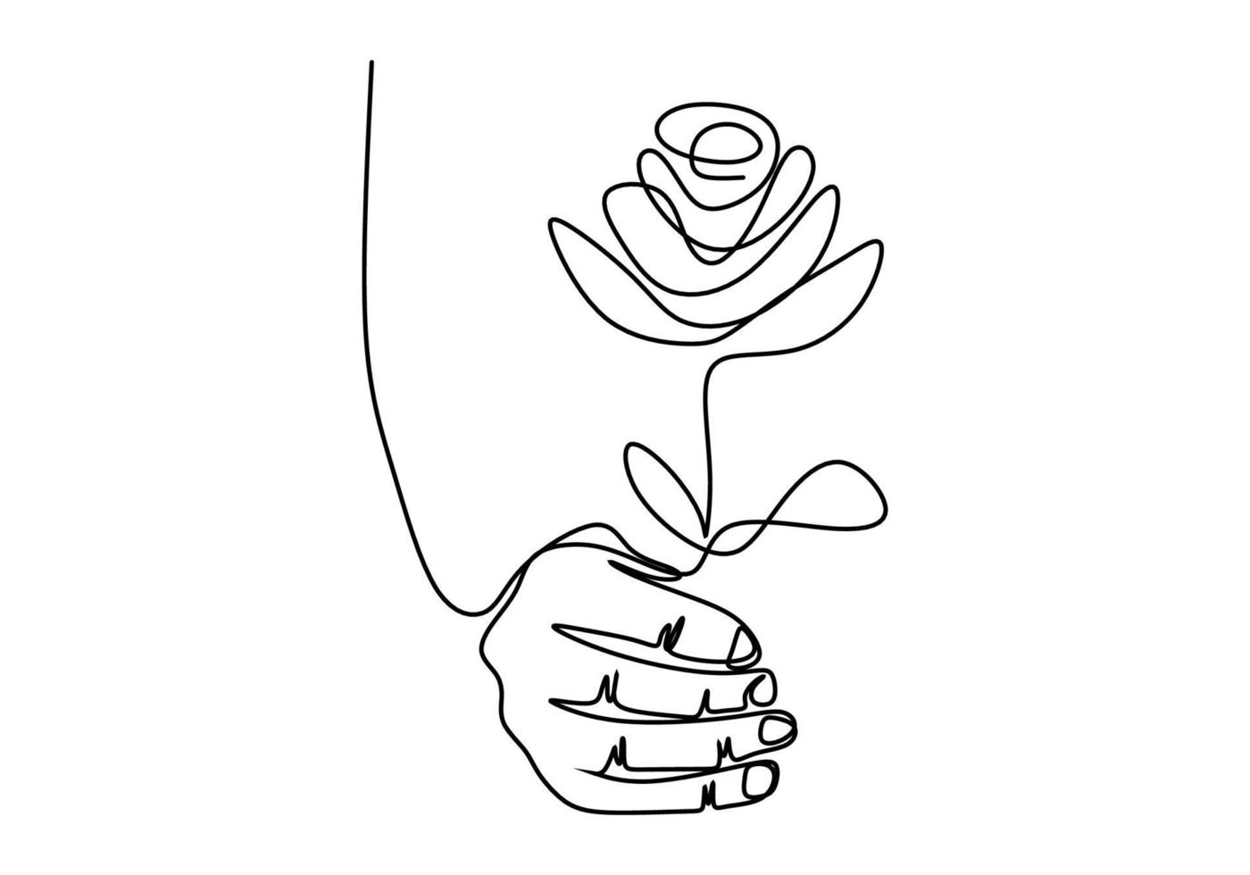 Continuous line drawing of hand holding beautiful rose flower minimalist style isolated on a white background. Awesome flower symbol of romantic love. Vector design illustration