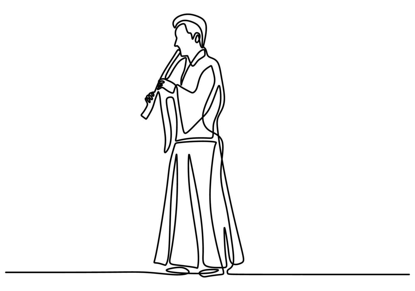 un dibujo continuo de una sola línea de un hombre con flauta shakuhachi, música tradicional japonesa. vector