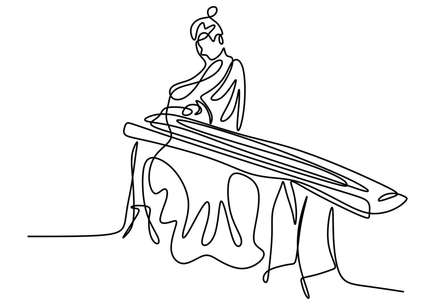 Continuous line drawing of woman with Koto, traditional Japanese music. A beautiful girl wearing a Kimono is sitting while playing a traditional musical instrument. vector