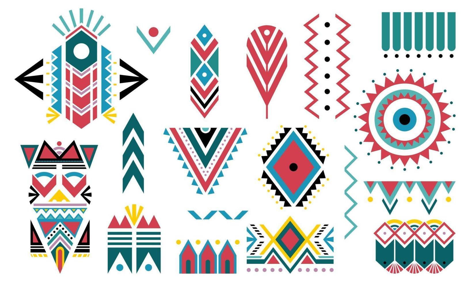 Boho colorful. Set of tribal decorative elements isolated on white background. vector