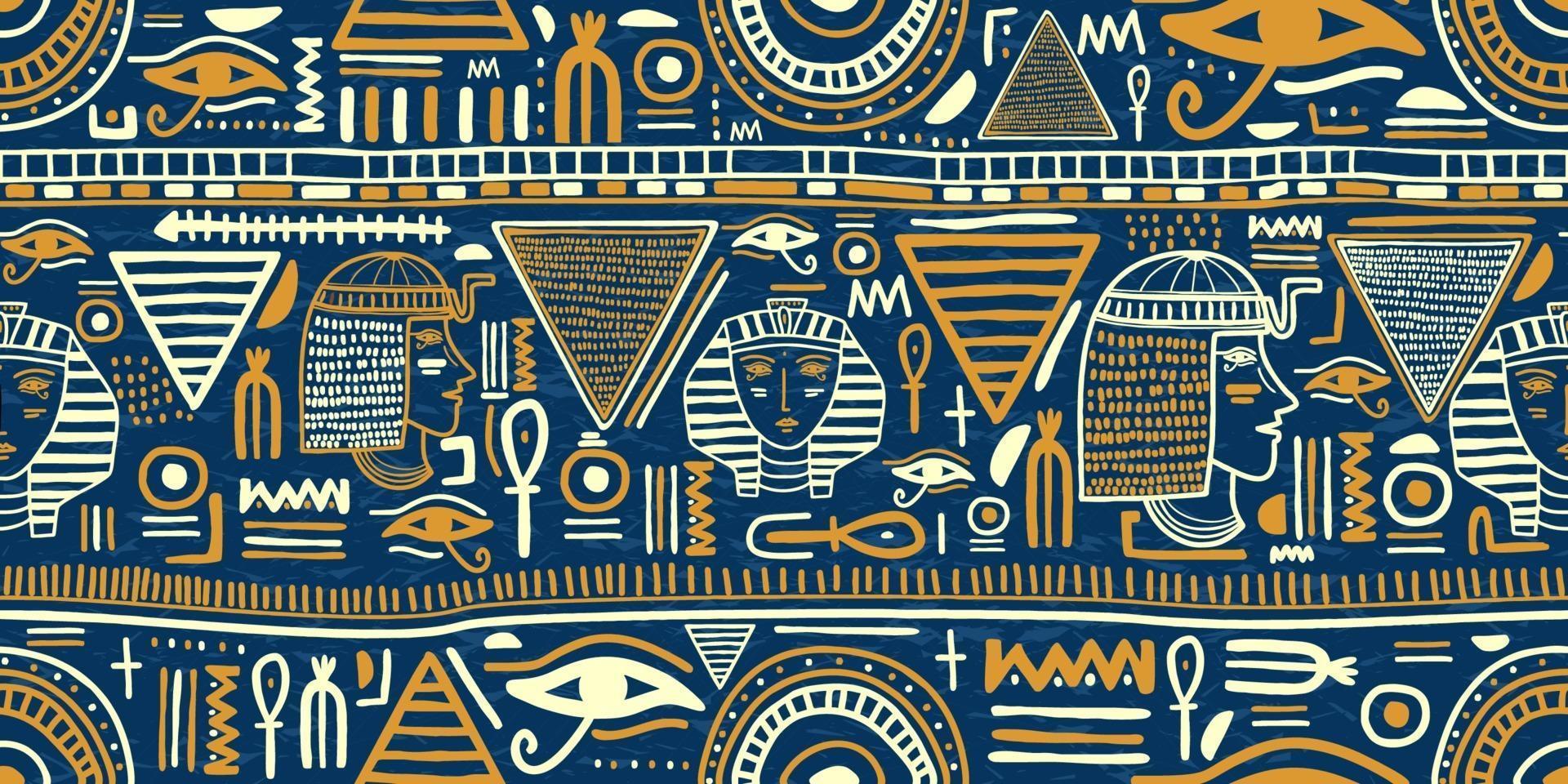 ornamento egipcio antiguo tribal de patrones sin fisuras. arte tribal egipcio vintage étnico siluetas de patrones sin fisuras en color azul y dorado. vector