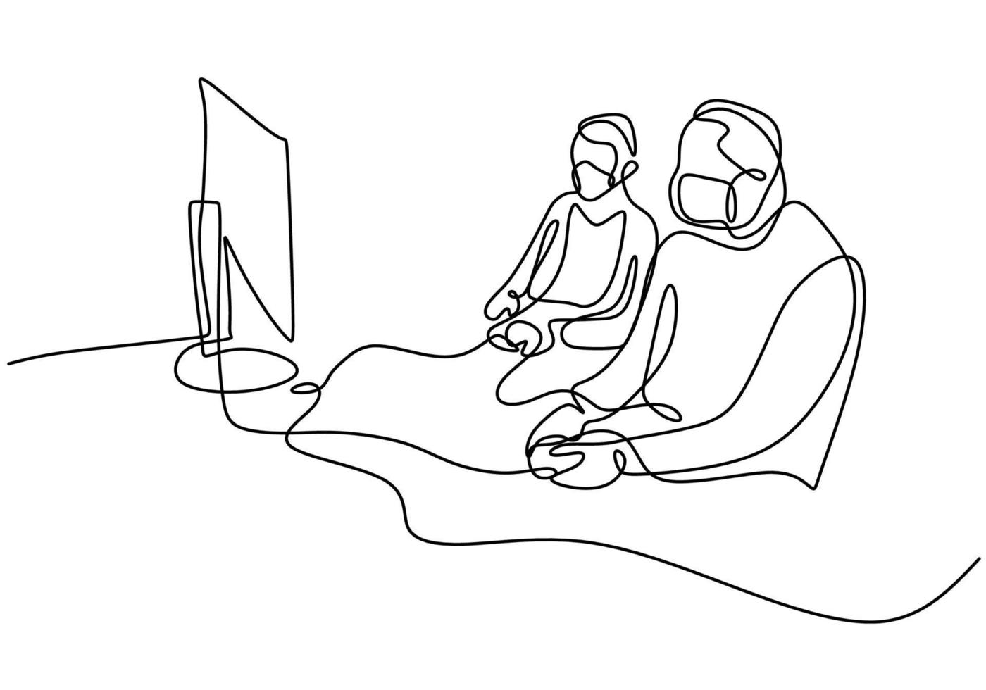 Continuous line drawing of gamers with protective face mask. vector