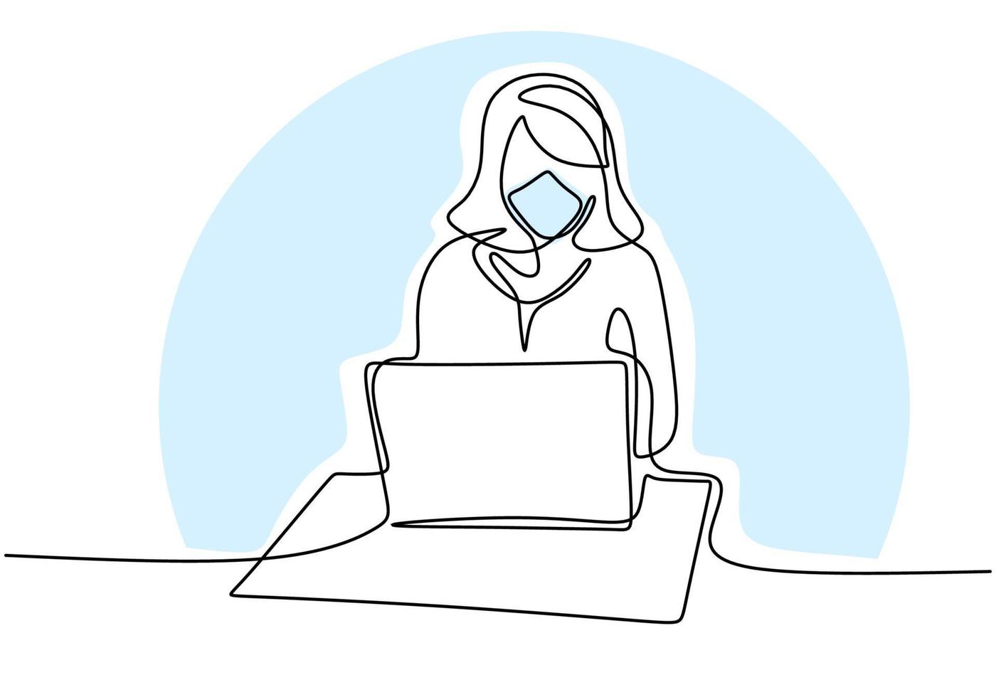 Continuous line drawing of professional young business woman on computer. Beautiful lady using her laptop to work in pandemic while wear a mask isolated on white background. Work from home concept. vector