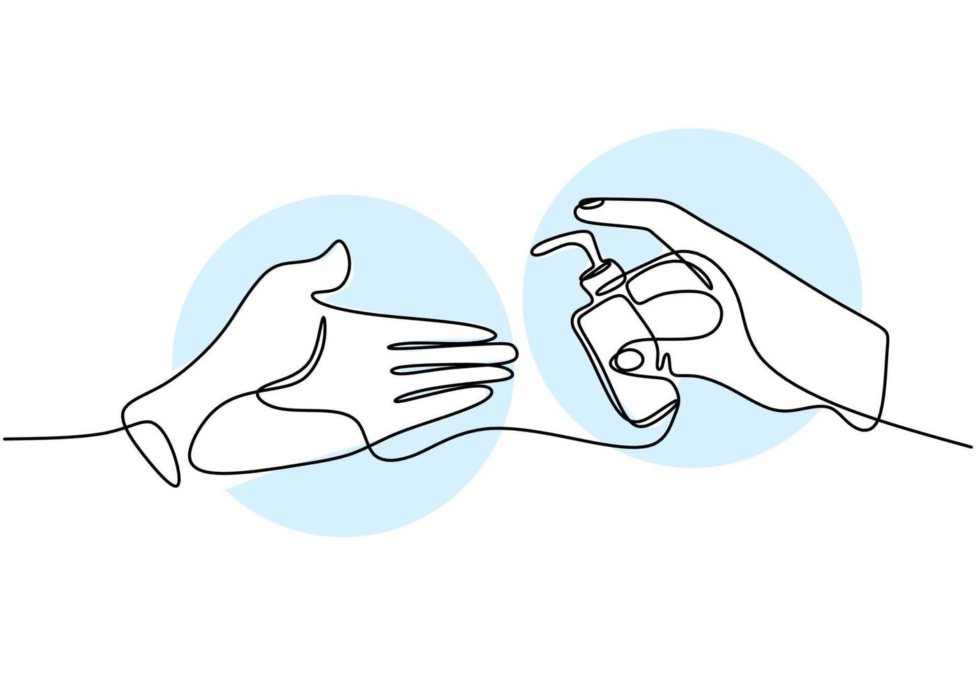 Continuous one line drawing hand holding liquid sop. Hand sanitizer to clean your hands to avoid viruses COVID-19. Wash your hand. Antiseptic in bottle isolated on white background vector