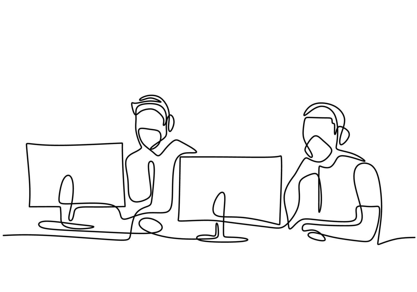 Continuous line drawing of gamers with protective face mask. vector