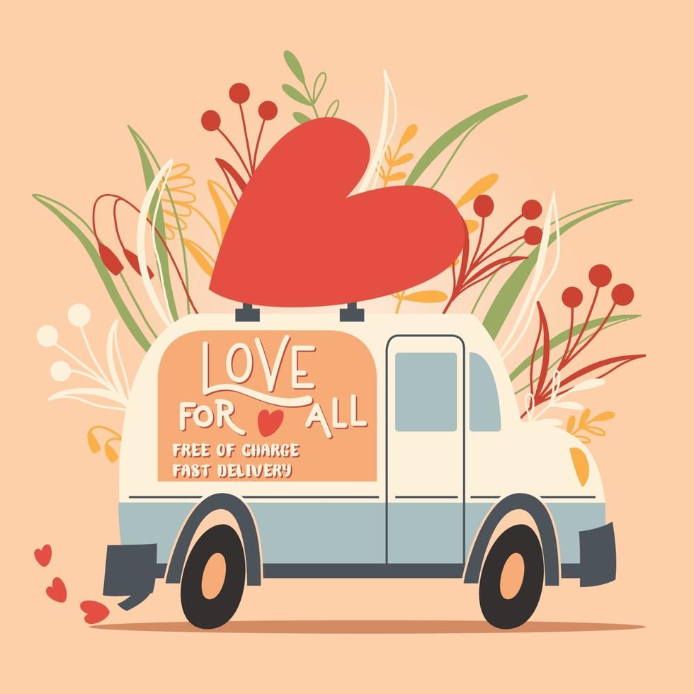 Love truck vehicle with a heart and love message. Colorful hand drawn illustration with hand lettering for Happy Valentines day. Greeting card. vector