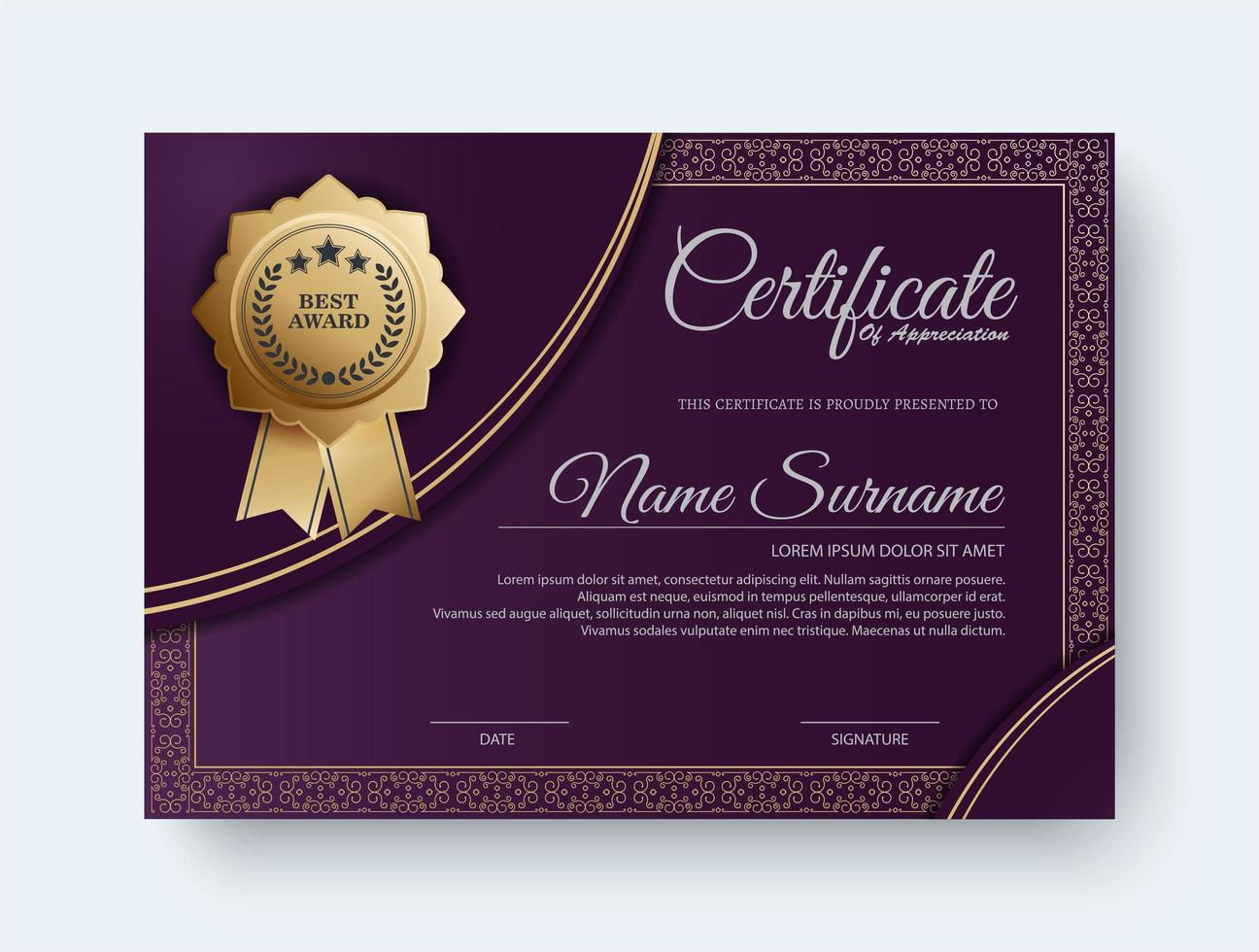 Elegant purple certificate award template vector