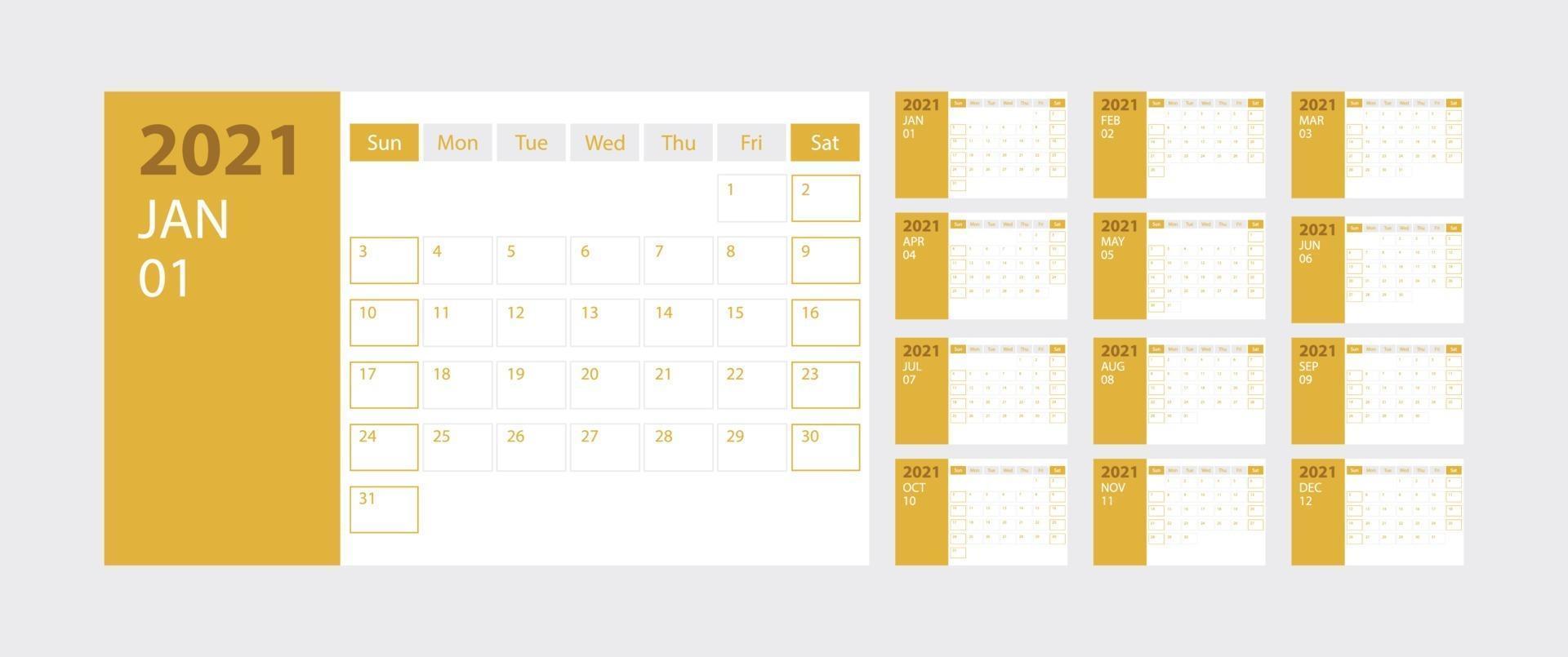 calendario 2021 semana inicio domingo plantilla de planificador de diseño corporativo sobre fondo amarillo vector