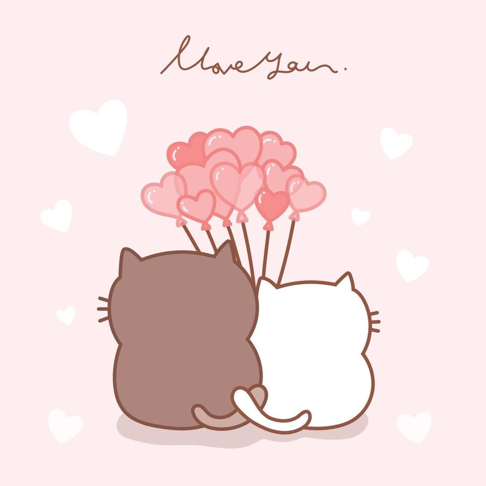 Dibujado a mano lindo gato pareja de dibujos animados con globos de color rosa. vector