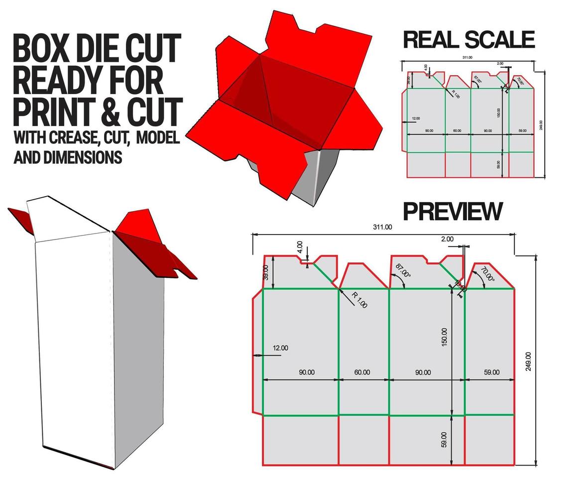 plantilla de cubo troquelado de caja con vista previa 3d organizada con corte, pliegue, modelo y dimensiones listas para cortar e imprimir, a escala completa y completamente funcional. preparado para cartón real vector