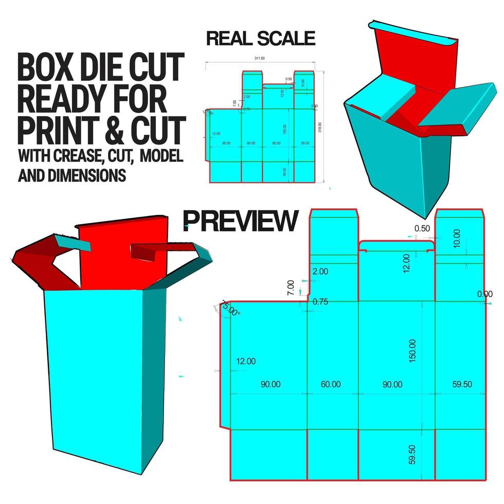 plantilla de cubo troquelado de caja con vista previa 3d organizada con corte, pliegue, modelo y dimensiones listas para cortar e imprimir, a escala completa y completamente funcional. preparado para cartón real vector