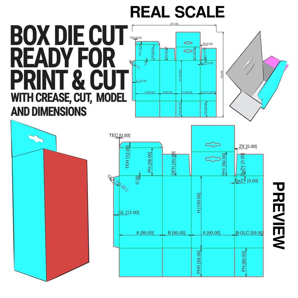 plantilla de cubo troquelado de caja con vista previa 3d organizada con corte, pliegue, modelo y dimensiones listas para cortar e imprimir, a escala completa y completamente funcional. preparado para cartón real vector