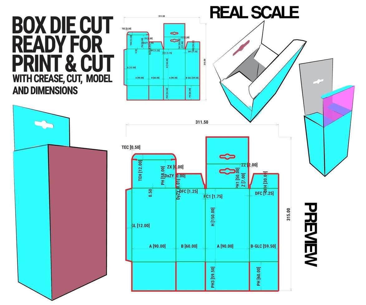 Box Die Cut Cube Template With 3d Preview Organised With Cut, Crease, Model And Dimensions Ready To Cut And Print, Full Scale And Fully Functional. Prepared For Real Cardboard vector