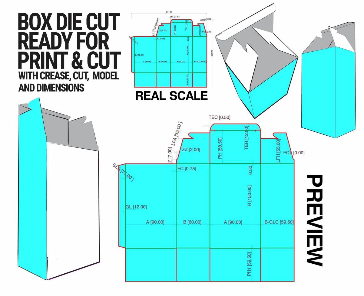 plantilla de cubo troquelado de caja con vista previa 3d organizada con corte, pliegue, modelo y dimensiones listas para cortar e imprimir, a escala completa y completamente funcional. preparado para cartón real vector