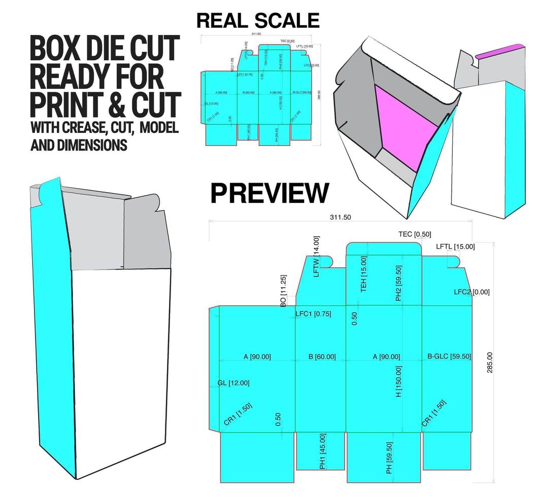 plantilla de cubo troquelado de caja con vista previa 3d organizada con corte, pliegue, modelo y dimensiones listas para cortar e imprimir, a escala completa y completamente funcional. preparado para cartón real vector