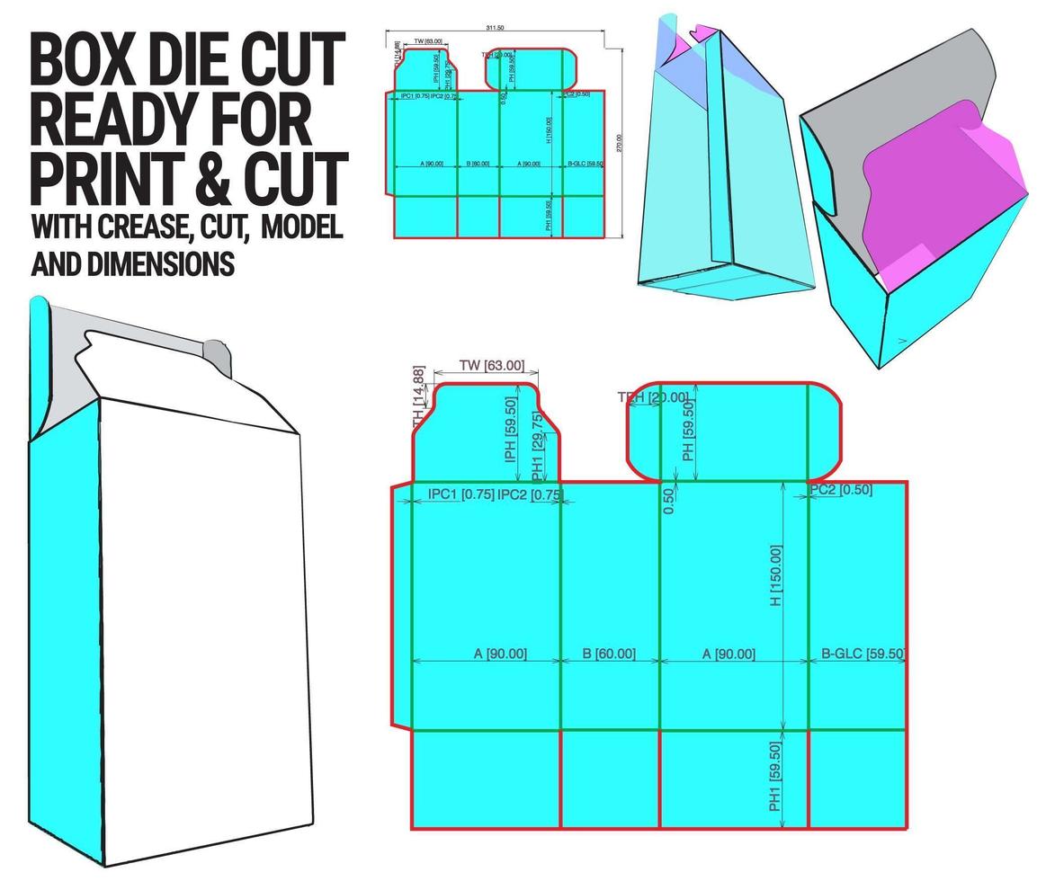 plantilla de cubo troquelado de caja con vista previa 3d organizada con corte, pliegue, modelo y dimensiones listas para cortar e imprimir, a escala completa y completamente funcional. preparado para cartón real vector