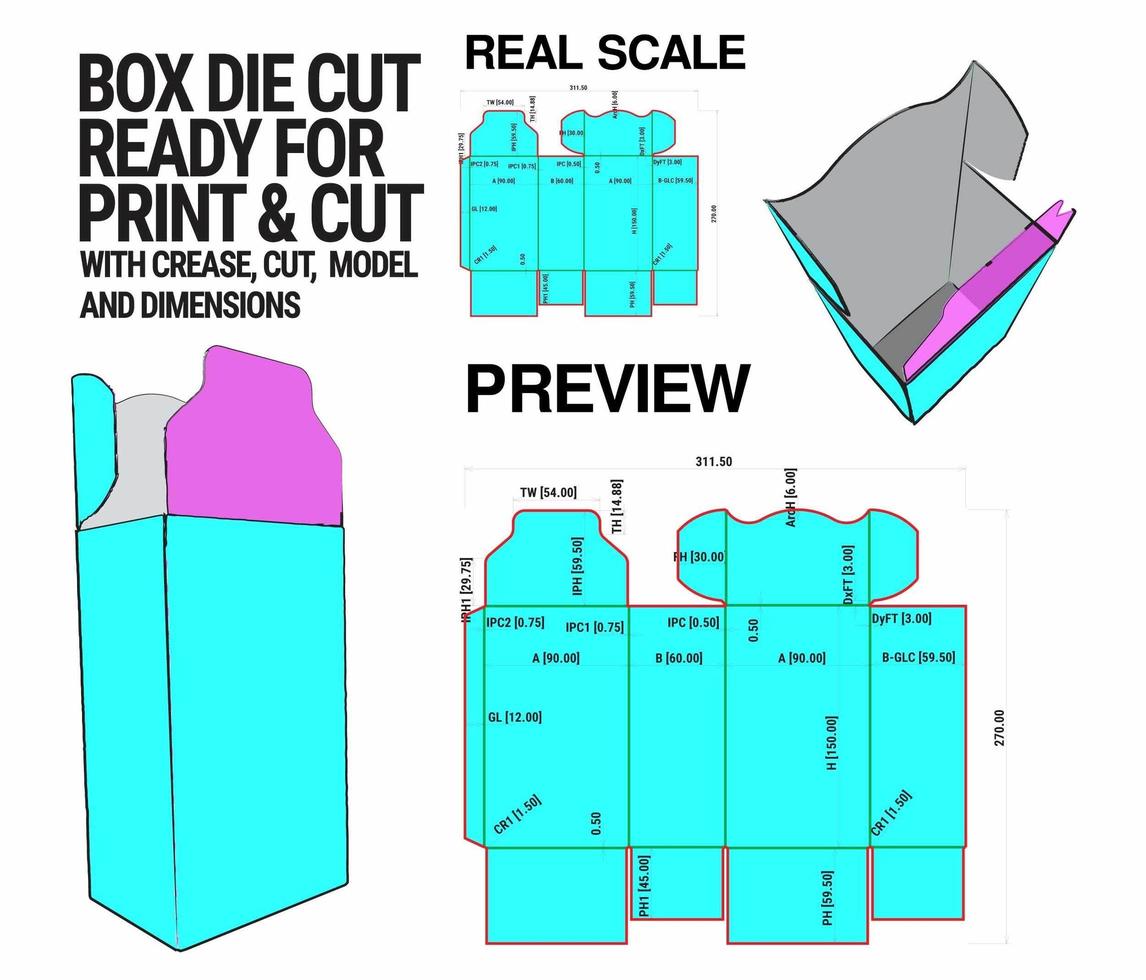 Box Die Cut Cube Template With 3d Preview Organised With Cut, Crease, Model And Dimensions Ready To Cut And Print, Full Scale And Fully Functional. Prepared For Real Cardboard vector