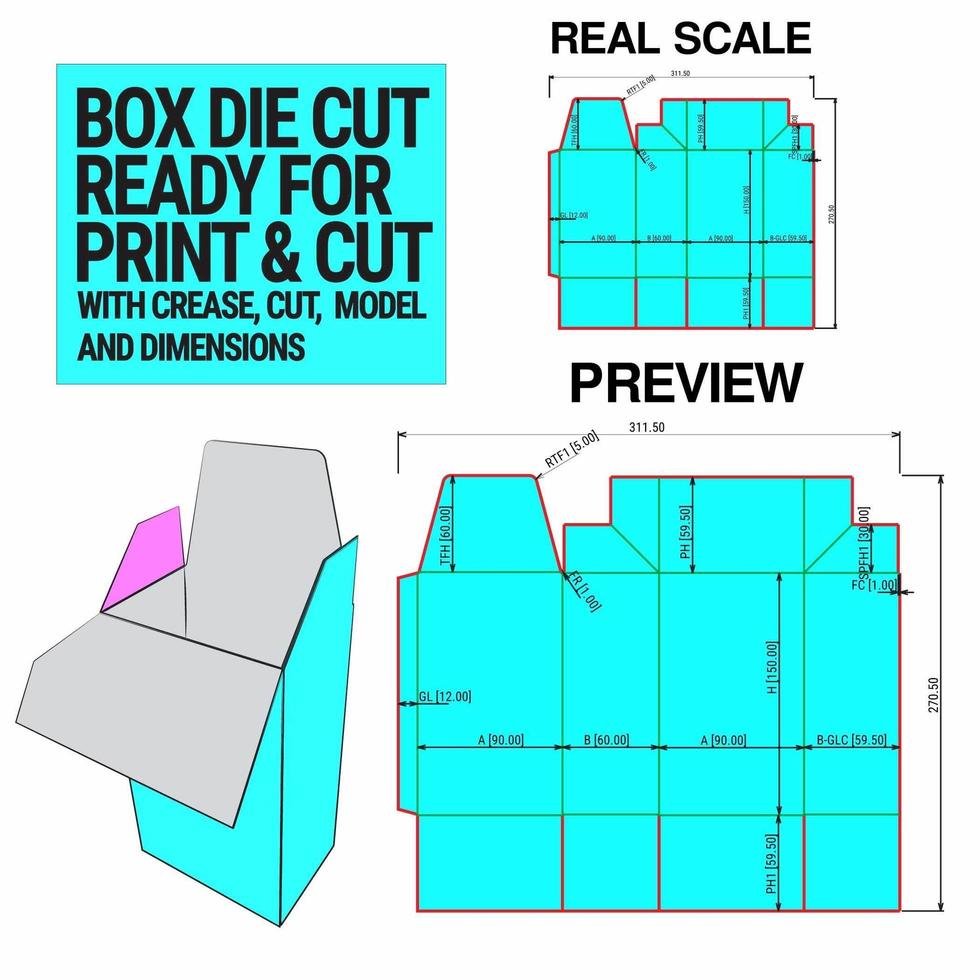 Box Die Cut Cube Template With 3d Preview Organised With Cut, Crease, Model And Dimensions Ready To Cut And Print, Full Scale And Fully Functional. Prepared For Real Cardboard vector