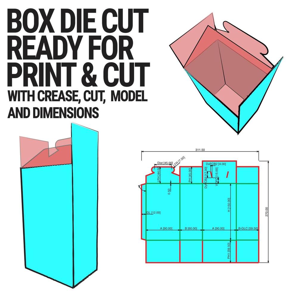 plantilla de cubo troquelado de caja con vista previa 3d organizada con corte, pliegue, modelo y dimensiones listas para cortar e imprimir, a escala completa y completamente funcional. preparado para cartón real vector