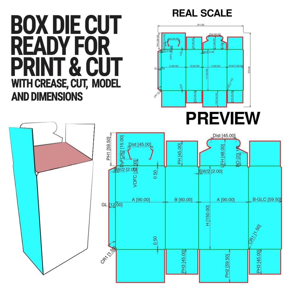 Box Die Cut Cube Template With 3d Preview Organised With Cut, Crease, Model And Dimensions Ready To Cut And Print, Full Scale And Fully Functional. Prepared For Real Cardboard vector